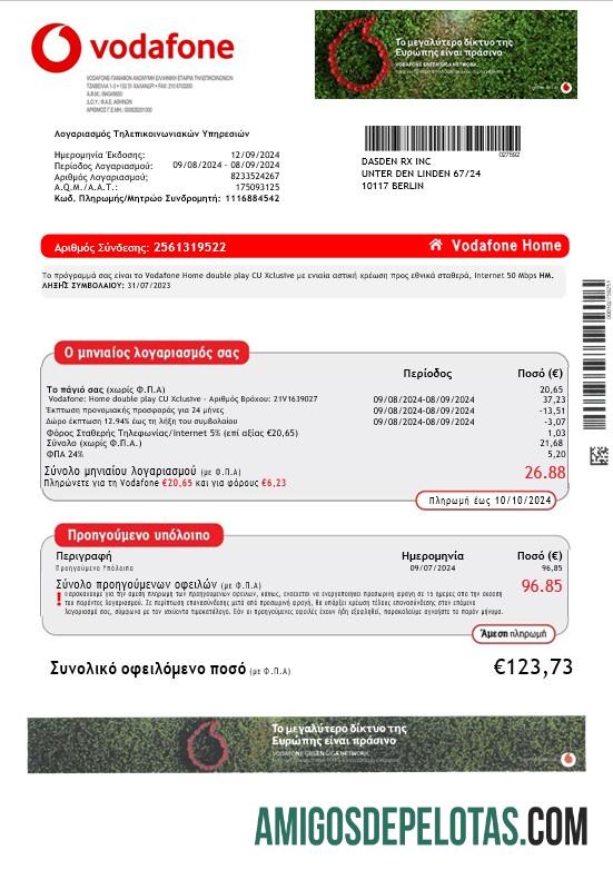 em branco Grécia Vodafone Grécia Business Utility Bill Word e modelo PDF